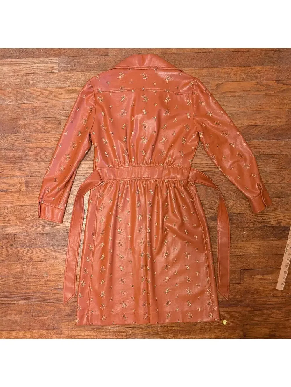 70s Jason David Terracotta Cognac Genuine Leather Embroidered Floral Belted Coat